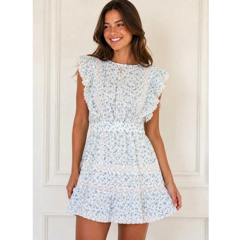 LoveShackFancy Roberta Small Mini Dress Bonnet Blue Floral NWT $365